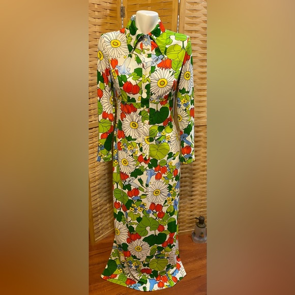 Vintage Anika Mod Flower Power Long Sleeve Maxi Dress Sz M Dagger Collar - Picture 13 of 14